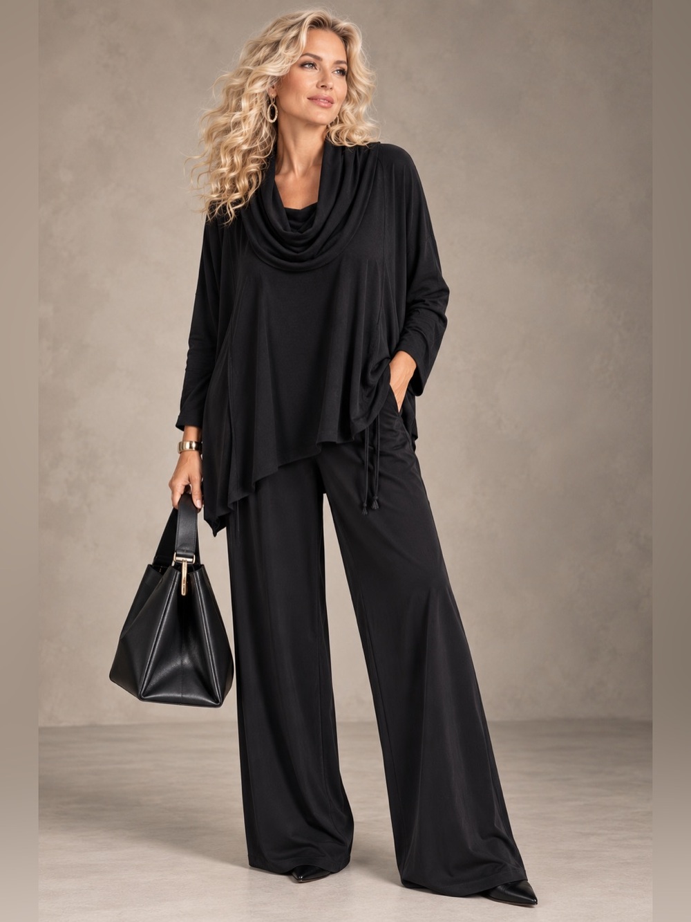 Bryn Walker Black Modal Cowl Neck Oversized Tunic Top Lagenlook Made in USA